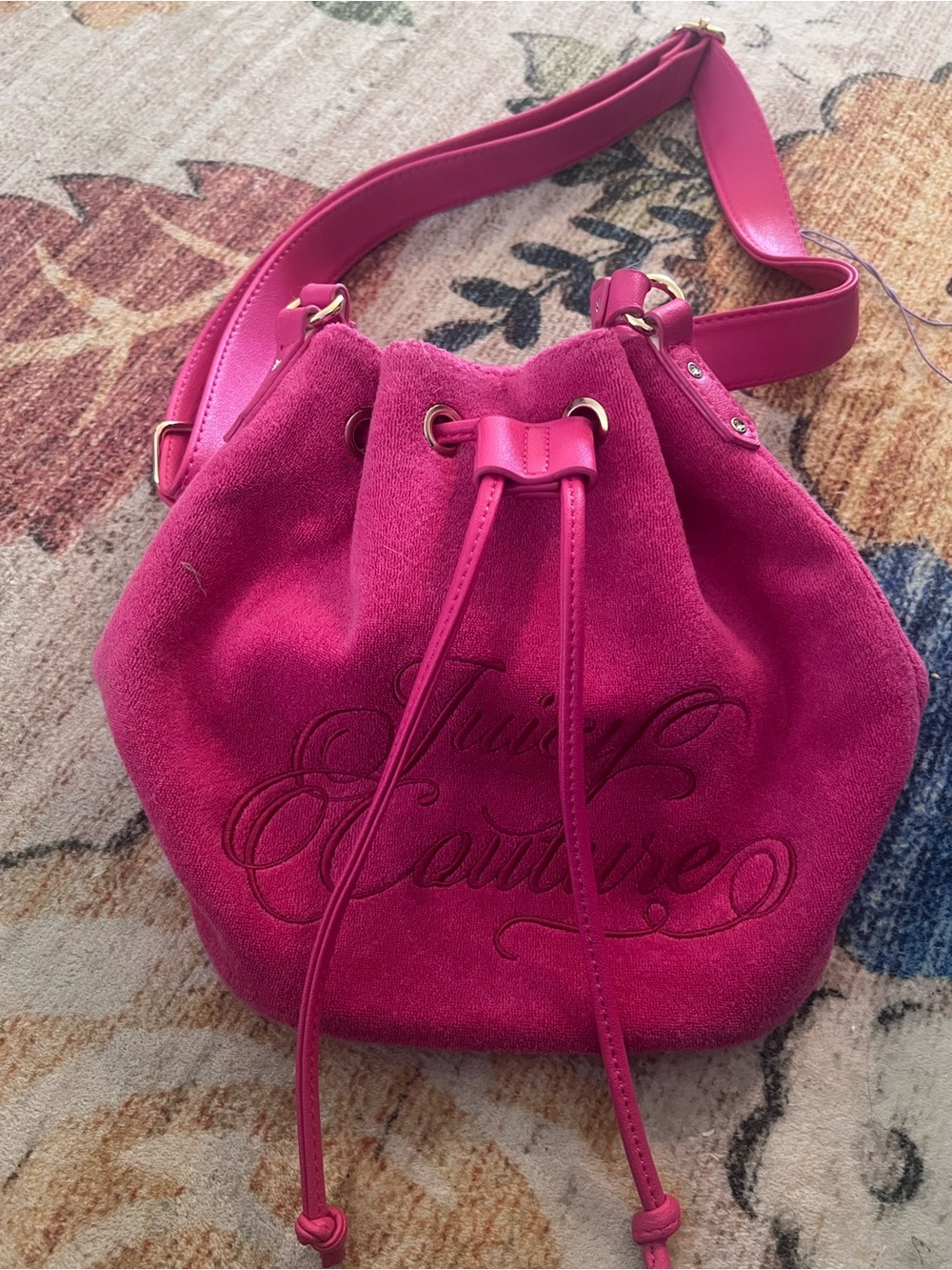 Juicy Couture Hot Pink Suede Drawstring Crossbody Bucket Bag